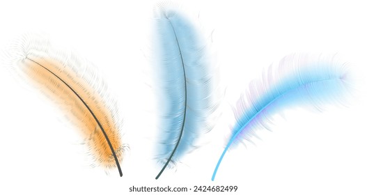Set of flying realistic vector goose or swan white feathers of various shapes. Ecological feather filler for pillows, blankets or jackets.Vector concept design.
