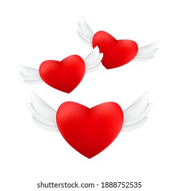 Set of flying red hearts with angel wings isolated on a white background