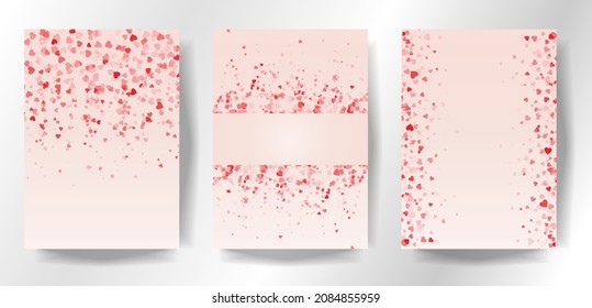 Set of flying red hearts on pink background. Modern elegant cover design. Luxury fashionable background. Elite premium vector template for menu, brochure, flyer layout, presentation. Copy space.