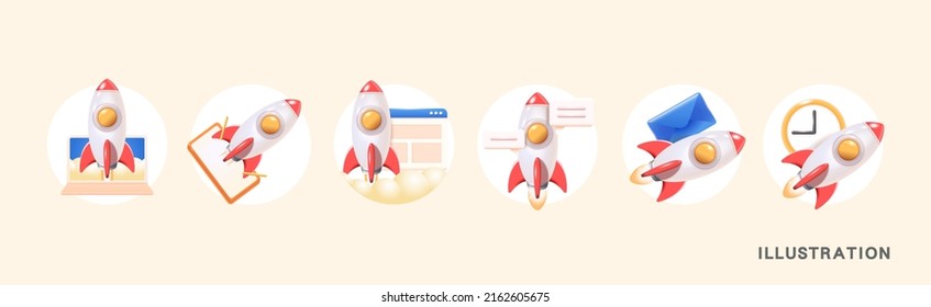 A set of flying rocket icons, including plane vector illustrations of letters, times, web pages, downloads, and conversations.