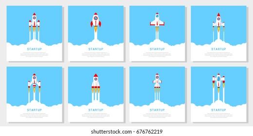 set of flying rockets, business startup banner concept, flat style illustration