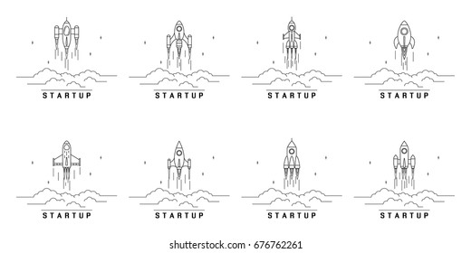 set of flying rockets, business startup banner concept, flat style illustration