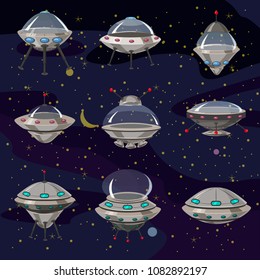 Set flying Saucer, Spaceship UFO Illustration cartoon funny, unidentified spaceship and spacecrafts on space background, various futuristic shapes, vector, cartoon style, isolated