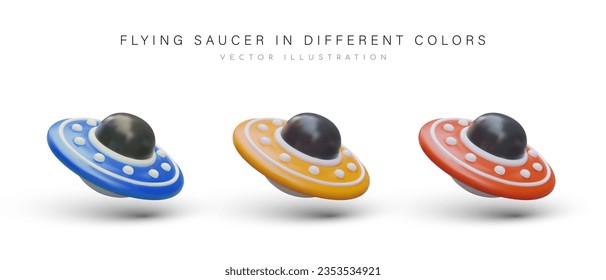 Set of flying saucers in cartoon style. Vector icons of different colors of space theme. Cute UFO illustration. Objects with shadows. Alien spaceship. Flying machine of another civilization