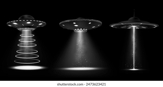 Set of flying saucers with light rays. Detailed vector icons of a UFO emitting vertical white light in different shapes, ideal for teleportation or abduction scenes on an isolated black background.