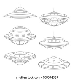 Set of flying saucers. Lineart. White background.