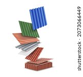 Set of flying sheets of metal for the roof on a white background. Vector illustration