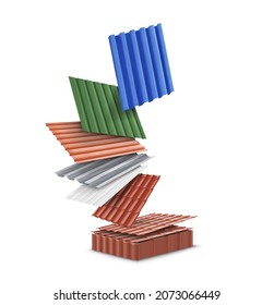 Set of flying sheets of metal for the roof on a white background. Vector illustration