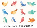 Set of flying and sitting cute birds. Colorful beautiful birds. Cute flying creatures. Vector illustration