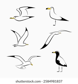 Set of flying and standing seagull graphics. Beautiful simple drawing.