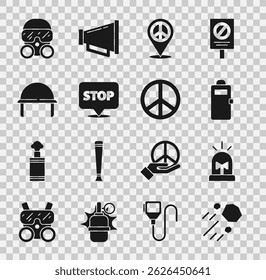 Set Fliegender Stein, Blitzsirene, Polizei-Sturmschild, Location Peace, Protest, Militärhelm, Gasmaske und Peace-Symbol. Vektorgrafik