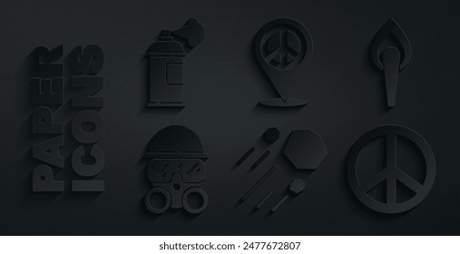 Set Flying stone, Torch flame, Gas mask, Peace, Location peace and Paint spray can icon. Vector