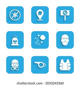 Set Flying stone, Whistle, Bulletproof vest, Special forces soldier, Gas mask, Flasher siren, Protest and  icon. Vector
