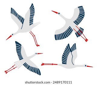 Set of flying storks. Vector illustration of birds