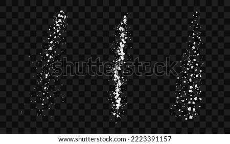 A set of flying sugar or salt. A scattering of crystals of sugar or salt. Realistic vector illustration isolated on black background. 
