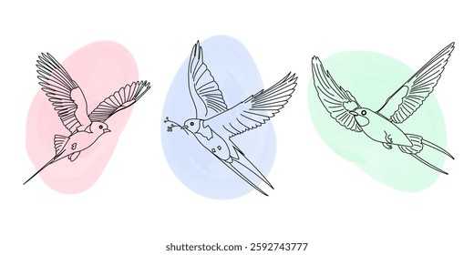 Set of flying swallows. Spring collection of bird on linear style with watercolor spots, isolated on white background. Vector illustration for banners, cards