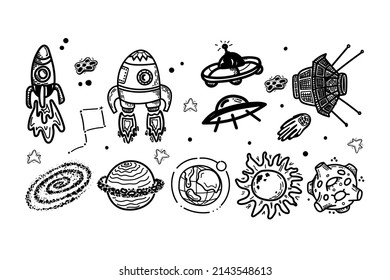Set of flying transport, satellite, planets, comets and stars. Hand-drawn doodle-style elements. Black hole. Rocket, flying saucer. Space objects and stars.