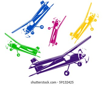 set of flying varicolored light aircrafts on white
