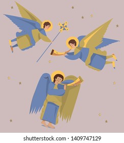 Set of flying vector angels, cute cartoon character, Christmas symbol