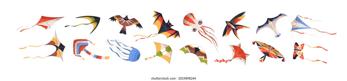 Set of flying wind kites of different type and shape. Collection of kids air toys floating in sky. Colored flat vector illustration of childish entertainment game isolated on white background