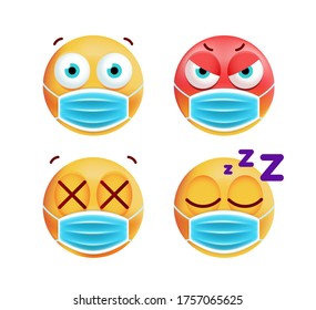 
Set fo Cute Emoticons with Face Mask on White Background . Isolated Vector Illustration 