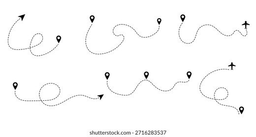 Conjunto de arte de linha pontilhada com ponteiro de localização e avião, endereço, símbolo de ponteiro de mapa em fundo isolado. Ícone do mapa de viagem com caminho pontilhado em curva
