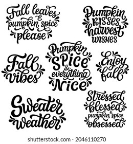 Set fo hand drawn fall quotes isolated on white background. Autumn vector typography for posters, mugs, t shirts, home decor