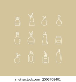 Set fo handmade bottle solid beige icons, jars, bottles, soap. Beauty icons highlight, stories