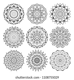 Set fo mandalas, mandala vector illustration, black and white monochrome. 