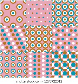 Set fo nine polka dot, retro style geometric, abstract, seamless patterns, ornaments.