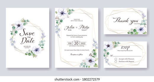 Set fo Wedding Invitation, save the date, thank you, rsvp card  template. Vector. Anemone flower, silver dollar leaves.