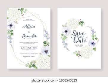 Set fo Wedding Invitation, save the date card template. Vector. Anemone flower, silver dollar leaves.