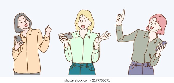 Set fo young woman looks at the smart phone screen reading message, be happy celebrate great news by sms. Hand drawn in thin line style, vector illustrations.