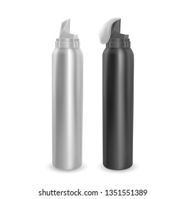 Set of foam bottles black and white, modern advertisement template. Mock-up for product package branding, Metal bottles of shampoo and mousse isolated on white background.