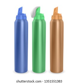 Set of foam bottles different color, modern advertisement template. Mock-up for product package branding, Metal bottles of shampoo and hair mousse isolated on white background.