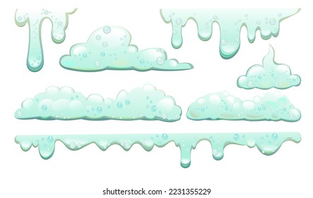 Set Foam and drips. objects. Foaming liquids. Water, detergent or food product. Isolated on white background. Vector