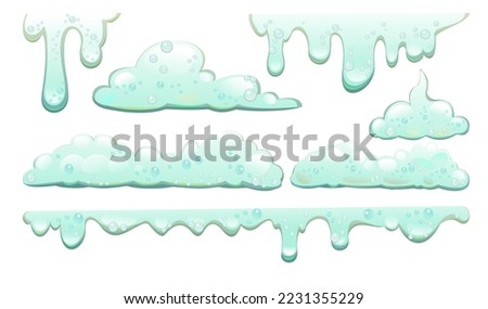 Set Foam and drips. objects. Foaming liquids. Water, detergent or food product. Isolated on white background. Vector