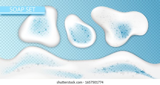 Set Foam effect isolated on transparent background. Soap, gel or shampoo bubbles overlay texture. Vector shaving, mousse foam top view pattern for your advertising design.