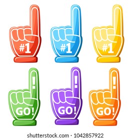 Set of foam hand. Colorful foam finger. Number One and GO design. Vector illustration isolated on white background. Web site page and mobile app design