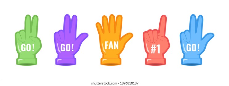 Set Of Foam Hand Fingers. Number One And GO Design. Sport Supporting Sign Number One Fan. Website Page And Mobile App Design. Elements To Illustrate Sports Support. Vector Flat Illustration, Eps 10.