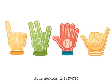 Set of foam hands, fan accessory for different types of events vector illustration isolated on white background