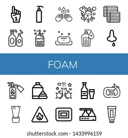 Set of foam icons such as Foam hand, Shampoo, Gel, Soap, Hand sanitizer, Bubbles, Mattress, Nose bleeding, Fire extinguisher, Shaving brush, Shaving cream, Fire sign, Beer , foam