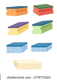 Set of foam rubber sponge to wash dishes colored washcloth with soft and hard coating flat vector illustration isolated on white background