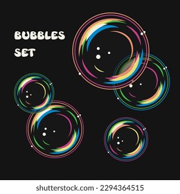 Set of foam soap bubbles on black background in vintage style. Vector colorful illustration.