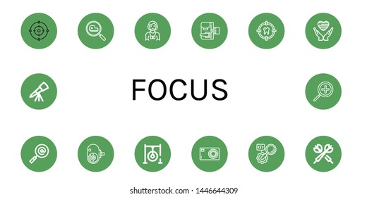 Set of focus icons such as Focus, Search, Photographer, Home movie camera, Target, Pride, Amateur camera, Darts target, Compact camera, Darts, Telescope, Zoom in , focus