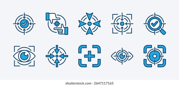Conjunto de foco alvo ícone vetor. Contém precisão, seta de mira, objetivo, alvo, mira, mira, tiro, missão, olhar, tiro, concentração, visão, sucesso, realização de carreira. Ilustração