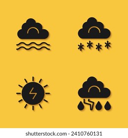 Set Fog and cloud, Cloud lightning, Solar energy panel and with snow icon with long shadow. Vector