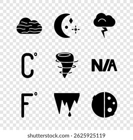 Set Fog and cloud, Moon stars, Storm, Fahrenheit, Icicle, Eclipse of the sun, Celsius and Tornado icon. Vector