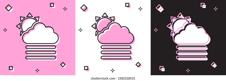 Set Fog and cloud with sun icon isolated on pink and white, black background.  Vector Illustration