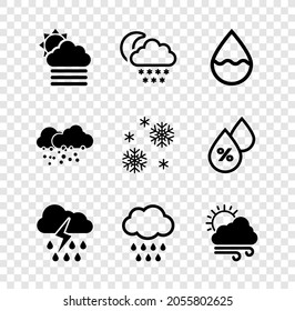 Ponga niebla y nube con sol, luna de nieve en la nube, gota de agua, relámpago de lluvia e icono del clima eólico. Vector